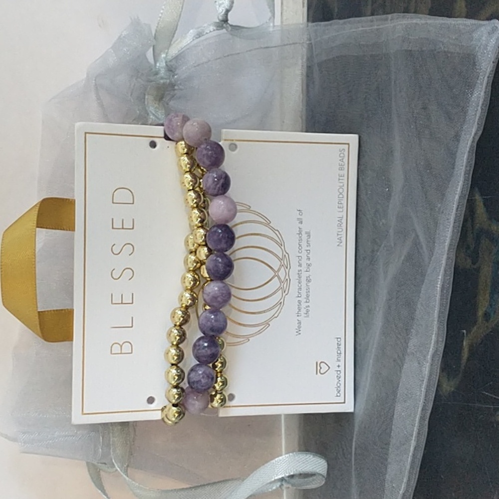 New in Bag Blessed Bracelet made from Natural Lepidolite Beads Purple Gold